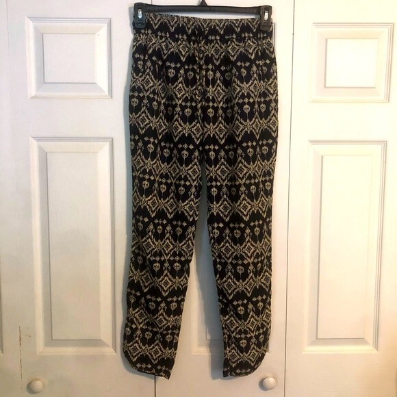 LOVE TREE Medium Blue Cream Printed Pants Elastic Waistband Drawstring Pockets - Picture 1 of 7